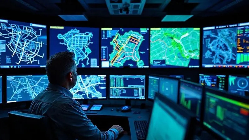 A high-tech control room with multiple large screens displaying intricate railway network maps, real-time train tracking data, weather overlays, and communication dashboards. A railway operations specialist is focused on a screen, calmly interacting with the data. Blue and green hues dominate the cinematic lighting. Photorealistic, professional photography, 8K, sharp focus on the specialist and the central screen, depth of field blurring other screens, shot on a high-end DSLR, conveying advanced technological oversight and control. A high-tech control room with multiple large screens displaying intricate railway network maps, real-time train tracking data, weather overlays, and communication dashboards. A railway operations specialist is focused on a screen, calmly interacting with the data. Blue and green hues dominate the cinematic lighting. Photorealistic, professional photography, 8K, sharp focus on the specialist and the central screen, depth of field blurring other screens, shot on a high-end DSLR, conveying advanced technological oversight and control.