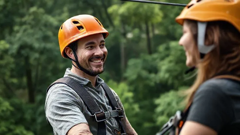 A photorealistic, professional photography shot of a zip line guide, wearing appropriate safety gear, making eye contact and smiling warmly at a nervous client who is also geared up. The guide's body language is open and reassuring. Lush green forest canopy is visible in the background, with soft, natural lighting. 8K hyper-detailed, sharp focus on the faces, depth of field blurring the background. A photorealistic, professional photography shot of a zip line guide, wearing appropriate safety gear, making eye contact and smiling warmly at a nervous client who is also geared up. The guide's body language is open and reassuring. Lush green forest canopy is visible in the background, with soft, natural lighting. 8K hyper-detailed, sharp focus on the faces, depth of field blurring the background.