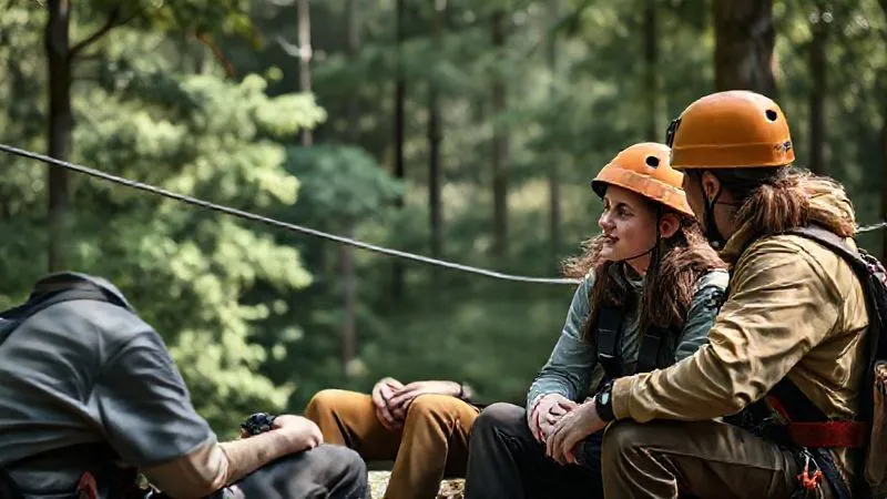 A photorealistic, professional photography shot of a small group of zip line guides and a client sitting in a calm, shaded area after a challenging descent. The guide is speaking empathetically to the client, who looks relieved but still processing. Other guides are listening attentively. Soft, natural lighting, sharp focus on the faces, depth of field blurring the surrounding forest. 8K hyper-detailed. A photorealistic, professional photography shot of a small group of zip line guides and a client sitting in a calm, shaded area after a challenging descent. The guide is speaking empathetically to the client, who looks relieved but still processing. Other guides are listening attentively. Soft, natural lighting, sharp focus on the faces, depth of field blurring the surrounding forest. 8K hyper-detailed.