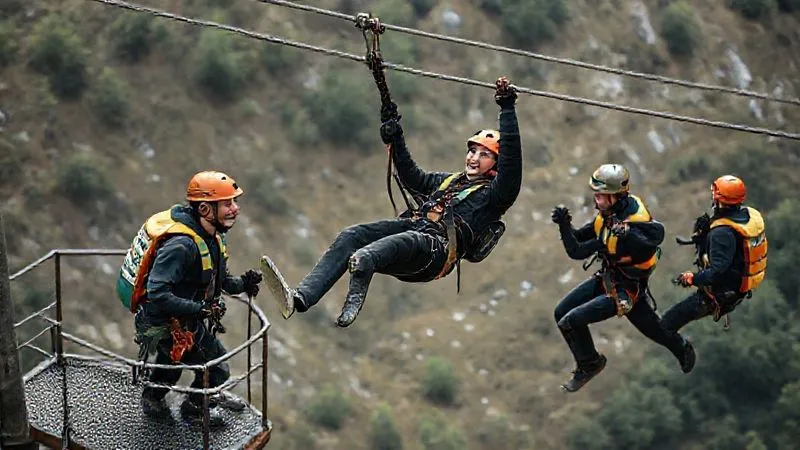 A photorealistic, professional photography shot of a team of zip line guides in full safety gear participating in a simulated rescue drill. One guide is suspended mid-air, acting as a panicking client, while others on a platform and another guide traversing the line are actively engaged in the rescue. The scene is dynamic, with cinematic lighting highlighting the action and focused expressions. 8K hyper-detailed, sharp focus on the guides, depth of field blurring the background. A photorealistic, professional photography shot of a team of zip line guides in full safety gear participating in a simulated rescue drill. One guide is suspended mid-air, acting as a panicking client, while others on a platform and another guide traversing the line are actively engaged in the rescue. The scene is dynamic, with cinematic lighting highlighting the action and focused expressions. 8K hyper-detailed, sharp focus on the guides, depth of field blurring the background.