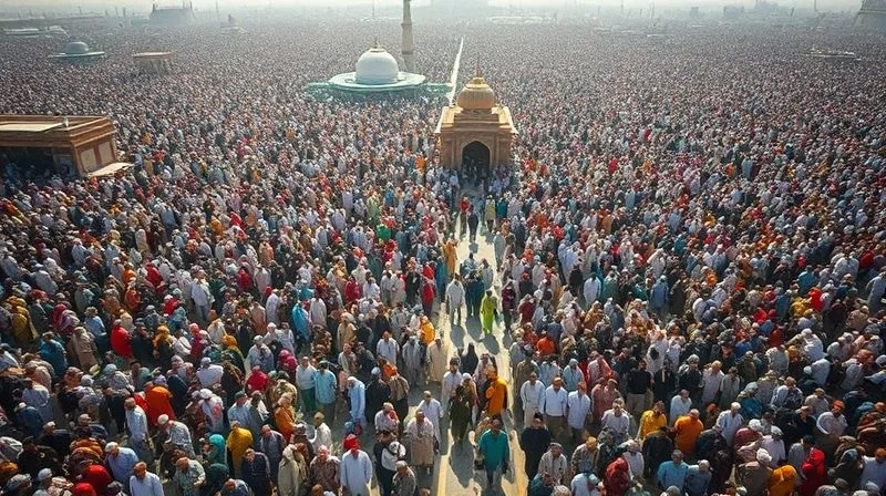 Photorealistic, professional photography, 8K, cinematic lighting, sharp focus, depth of field, shot on a high-end DSLR. A vast, aerial view of millions of pilgrims gathered at a major religious festival, forming intricate patterns, with a few distinct groups visible moving through the masses. The scene conveys both the overwhelming scale and the underlying sense of order, with bright sunlight illuminating the diverse crowd and their colorful attire. The atmosphere is one of immense spiritual energy and human connection, but also the challenge of managing such a multitude.