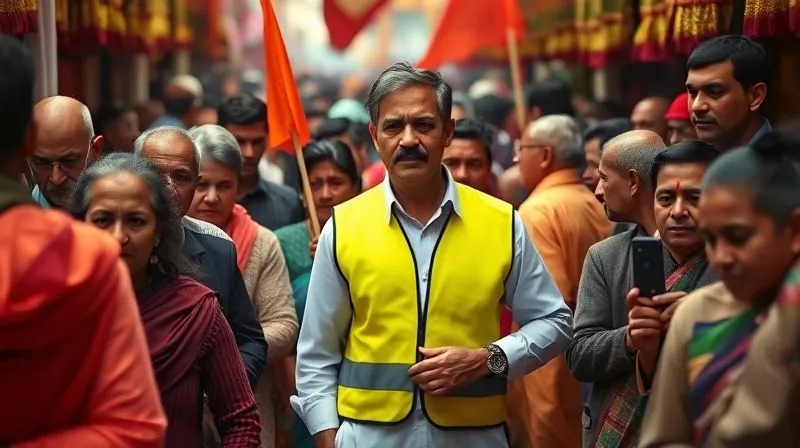 Photorealistic, professional photography, 8K, cinematic lighting, sharp focus, depth of field, shot on a high-end DSLR. A group leader, identifiable by a bright, distinct vest, stands calmly amidst a flowing, dense crowd at a religious festival. They are holding a small, brightly colored flag, making them easily visible. The leader is making eye contact with group members, subtly guiding them through a narrow passage. The expressions of the group members show trust and focus, navigating the vibrant chaos with a sense of security.
