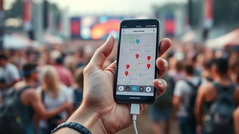 Photorealistic, professional photography, 8K, cinematic lighting, sharp focus, depth of field, shot on a high-end DSLR. A close-up shot of a hand holding a smartphone displaying a group tracking app interface, with several colored dots representing group members moving on a map of a bustling festival ground. The background is slightly blurred but shows glimpses of the vibrant crowd. The phone screen is bright and clear, indicating good connectivity, with a portable power bank connected via a charging cable, emphasizing reliance on technology for safety.