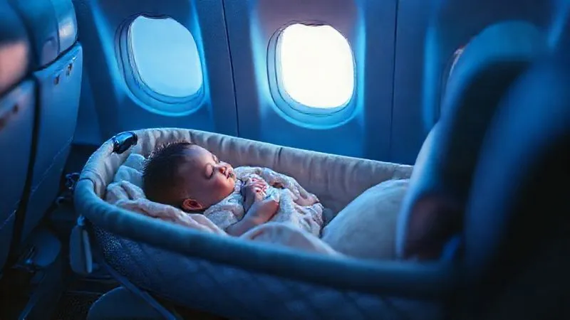 A parent gently rocking a baby to sleep in a bassinet on an airplane, soft blue ambient light from the window, a small, comforting blanket visible. Photorealistic, professional photography, 8K, cinematic lighting, sharp focus on the baby, depth of field blurring the airplane interior, shot on a high-end DSLR. A parent gently rocking a baby to sleep in a bassinet on an airplane, soft blue ambient light from the window, a small, comforting blanket visible. Photorealistic, professional photography, 8K, cinematic lighting, sharp focus on the baby, depth of field blurring the airplane interior, shot on a high-end DSLR.