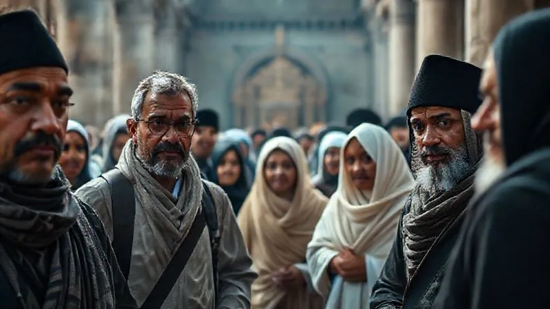 Photorealistic, professional photography, 8K, cinematic lighting, sharp focus, depth of field, shot on a high-end DSLR. A diverse group of international tourists and local pilgrims at a historically significant sacred site, with some individuals looking confused or slightly uncomfortable while others are engaged in their own practices. The architecture is ancient and grand, but the expressions on faces subtly convey a potential for misunderstanding or cultural clash, with subtle separation between groups. The lighting is diffused, highlighting the nuanced interactions.