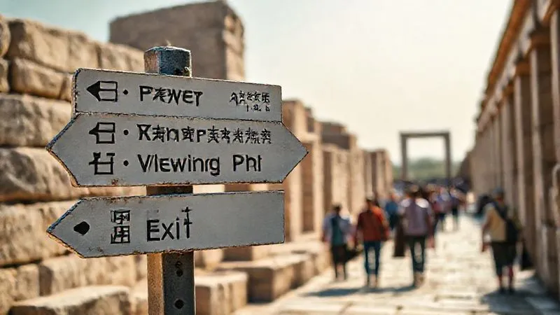 Photorealistic, professional photography, 8K, cinematic lighting, sharp focus, depth of field, shot on a high-end DSLR. A clear, well-designed, multi-lingual signpost at a historical sacred site, pointing towards different zones like 'Prayer Area (Quiet)', 'Viewing Point', and 'Exit'. The sign uses universally understood icons and is set against a backdrop of ancient stone architecture, with diverse visitors in the distance following indicated paths. The lighting is bright and informative, emphasizing clarity.