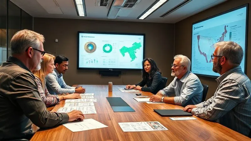 Photorealistic, professional photography, 8K, cinematic lighting, sharp focus, depth of field, shot on a high-end DSLR. A diverse group of site managers and cultural heritage experts gathered around a large table in a modern meeting room, reviewing data charts and incident reports projected onto a screen. Their expressions are thoughtful and collaborative, suggesting problem-solving and strategic planning. The room is well-lit, with a sense of purposeful activity.