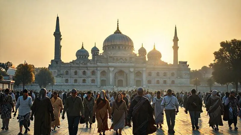 Photorealistic, professional photography, 8K, cinematic lighting, sharp focus, depth of field, shot on a high-end DSLR. A serene and majestic ancient sacred site, possibly a temple or mosque, bathed in the soft light of dawn or dusk. In the foreground, a diverse group of people from various backgrounds are walking peacefully, some in quiet contemplation, others sharing a respectful moment. The atmosphere is one of profound tranquility and mutual respect, symbolizing successful interfaith harmony. The architecture is detailed and timeless, representing enduring spiritual heritage.