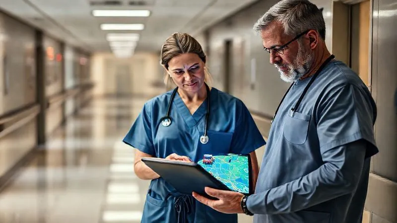 Photorealistic, professional photography, 8K, cinematic lighting, sharp focus, depth of field, shot on a high-end DSLR. A medical professional in scrubs and a family member are intently looking at a tablet, which displays a map with a real-time tracking of a medical transport vehicle. The background is a modern hospital hallway, with a sense of quiet urgency. Photorealistic, professional photography, 8K, cinematic lighting, sharp focus, depth of field, shot on a high-end DSLR. A medical professional in scrubs and a family member are intently looking at a tablet, which displays a map with a real-time tracking of a medical transport vehicle. The background is a modern hospital hallway, with a sense of quiet urgency.