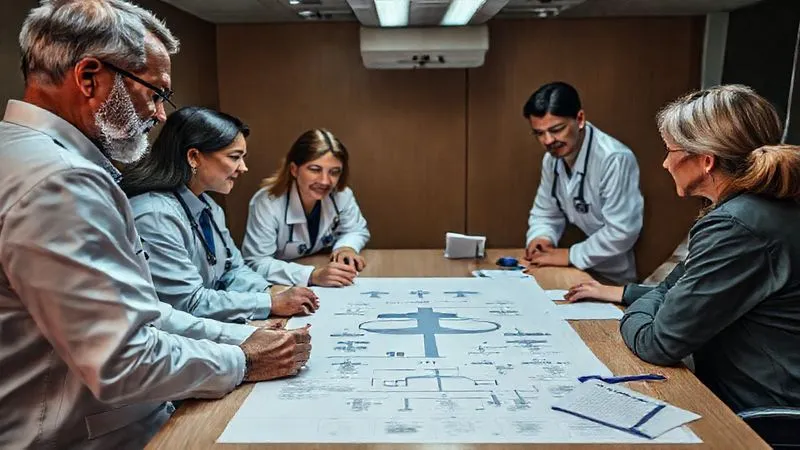 Photorealistic, professional photography, 8K, cinematic lighting, sharp focus, depth of field, shot on a high-end DSLR. A diverse team of medical and logistics professionals, including a family member, gathered around a large table with a flowchart and notes. They are engaged in a thoughtful discussion, reviewing a complex transport plan, conveying collaboration and problem-solving. Photorealistic, professional photography, 8K, cinematic lighting, sharp focus, depth of field, shot on a high-end DSLR. A diverse team of medical and logistics professionals, including a family member, gathered around a large table with a flowchart and notes. They are engaged in a thoughtful discussion, reviewing a complex transport plan, conveying collaboration and problem-solving.