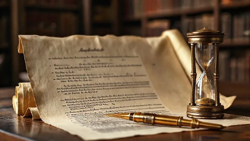 photorealistic, professional photography, 8K, cinematic lighting, sharp focus, depth of field, shot on a high-end DSLR. A meticulously crafted, ancient-looking parchment scroll, partially unrolled, with clear, elegant calligraphy outlining terms and conditions. A golden quill pen rests beside it, and a small, antique hourglass shows sand trickling down, symbolizing time and commitment. The background is a softly blurred, warm-toned historical library or study. photorealistic, professional photography, 8K, cinematic lighting, sharp focus, depth of field, shot on a high-end DSLR. A meticulously crafted, ancient-looking parchment scroll, partially unrolled, with clear, elegant calligraphy outlining terms and conditions. A golden quill pen rests beside it, and a small, antique hourglass shows sand trickling down, symbolizing time and commitment. The background is a softly blurred, warm-toned historical library or study.