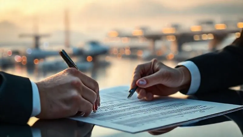 A photorealistic, professional photography, 8K, cinematic lighting shot on a high-end DSLR, focusing on a hand signing a complex legal waiver document with a futuristic spaceport in the softly blurred background, conveying commitment and informed risk.