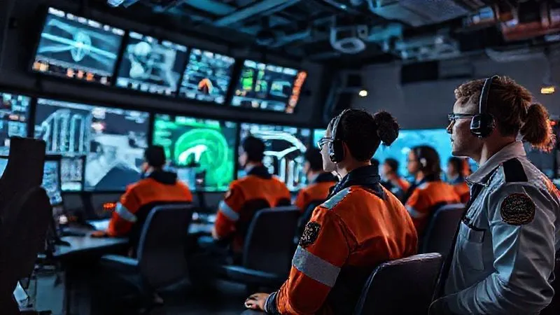 A photorealistic, professional photography, 8K, cinematic lighting shot on a high-end DSLR, depicting a high-tech mission control center with multiple screens displaying telemetry data, focused on a diverse team of engineers in professional attire, showcasing operational excellence and safety vigilance.