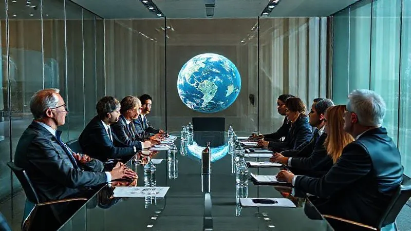 A photorealistic, professional photography, 8K, cinematic lighting shot on a high-end DSLR, showing a diverse group of international legal and policy experts in a modern, glass-walled conference room, earnestly discussing future space regulations, with Earth visible through the window, symbolizing global cooperation on space law.