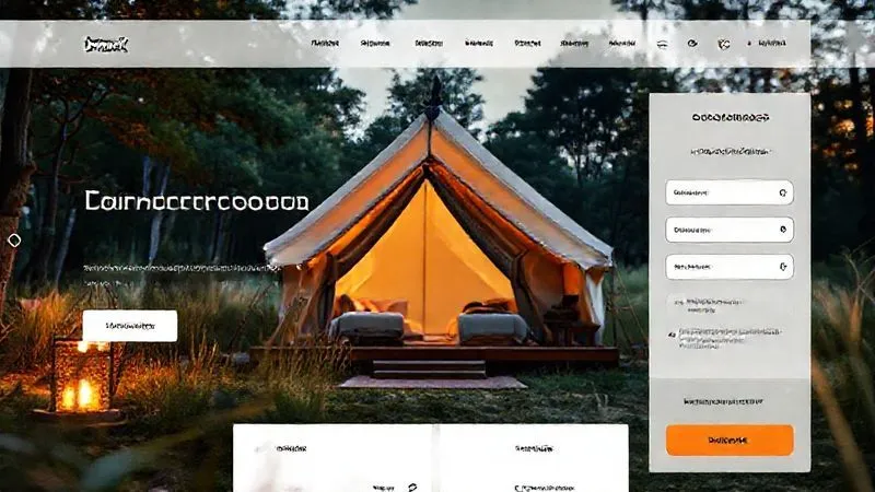 A photorealistic, professional photography, 8K, cinematic lighting, sharp focus, depth of field shot on a high-end DSLR of a sleek, user-friendly glamping booking website interface, displaying stunning, realistic images of a luxury tent nestled in a natural setting, with clear sections for amenities, activities, and a 'Know Before You Go' guide prominently visible. The screen reflects a warm, inviting glow, suggesting ease of use and transparency.