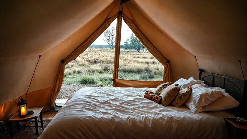 A photorealistic, professional photography, 8K, cinematic lighting, sharp focus, depth of field shot on a high-end DSLR of a meticulously prepared luxury glamping tent interior, featuring a plush, inviting bed with crisp white linens, a warm, soft glow from an internal lantern, and a small, elegant welcome basket on a bedside table. Through a large, open tent flap, a serene wilderness view is visible, creating a harmonious blend of indoor comfort and outdoor beauty.