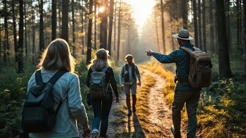 A photorealistic, professional photography, 8K, cinematic lighting, sharp focus, depth of field shot on a high-end DSLR of a small group of glamping guests, led by a knowledgeable guide, comfortably exploring a serene forest path at dawn. The guests are well-equipped but relaxed, with soft morning light filtering through the trees, highlighting a sense of wonder and connection to nature. The guide points to something interesting, engaging the group.