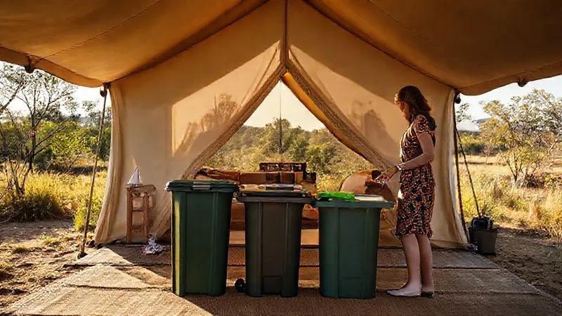 A photorealistic, professional photography, 8K, cinematic lighting, sharp focus, depth of field shot on a high-end DSLR of a luxury glamping tent subtly integrated with sustainable features, such as solar panels on a nearby structure, a rainwater harvesting system, and native landscaping. A guest is thoughtfully sorting waste into clearly marked bins, with a serene, untouched natural backdrop, conveying harmony between luxury, comfort, and environmental responsibility.