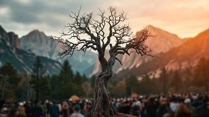 A photorealistic, professional photography, 8K, cinematic lighting, sharp focus, depth of field, shot on a high-end DSLR, depicting a single, gnarled tree standing resiliently against a dramatic national park backdrop, with a subtle, blurred image of a bustling crowd in the foreground. The image should convey the tension between natural preservation and human impact, with a sense of quiet determination in the tree. A photorealistic, professional photography, 8K, cinematic lighting, sharp focus, depth of field, shot on a high-end DSLR, depicting a single, gnarled tree standing resiliently against a dramatic national park backdrop, with a subtle, blurred image of a bustling crowd in the foreground. The image should convey the tension between natural preservation and human impact, with a sense of quiet determination in the tree.