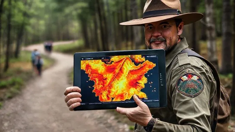 A photorealistic, professional photography, 8K, cinematic lighting, sharp focus, depth of field, shot on a high-end DSLR, of a park ranger holding a tablet displaying a real-time heat map of visitor density across a national park. In the background, a pristine trail winds through a forest, with a few distant hikers, suggesting effective management. The ranger's face is focused and determined. A photorealistic, professional photography, 8K, cinematic lighting, sharp focus, depth of field, shot on a high-end DSLR, of a park ranger holding a tablet displaying a real-time heat map of visitor density across a national park. In the background, a pristine trail winds through a forest, with a few distant hikers, suggesting effective management. The ranger's face is focused and determined.