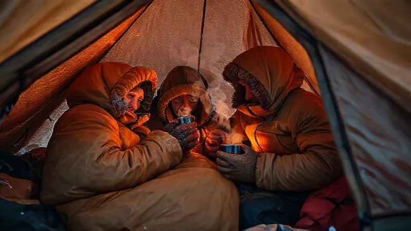 photorealistic, professional photography, 8K, cinematic lighting, sharp focus, depth of field, shot on a high-end DSLR, a group of rafters huddled together inside a large, expedition-style tent on a remote riverbank. One person is wrapped tightly in multiple sleeping bags and emergency blankets, with another person gently providing body warmth. Warm steam rises from mugs of hot liquid. The scene is one of shared warmth and determined care in a cold environment. photorealistic, professional photography, 8K, cinematic lighting, sharp focus, depth of field, shot on a high-end DSLR, a group of rafters huddled together inside a large, expedition-style tent on a remote riverbank. One person is wrapped tightly in multiple sleeping bags and emergency blankets, with another person gently providing body warmth. Warm steam rises from mugs of hot liquid. The scene is one of shared warmth and determined care in a cold environment.
