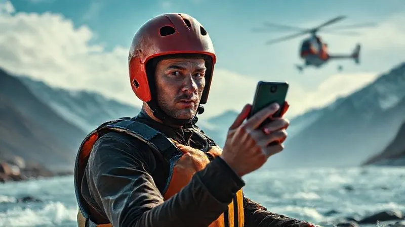 photorealistic, professional photography, 8K, cinematic lighting, sharp focus, depth of field, shot on a high-end DSLR, a person in full rafting gear holding a satellite phone up, looking concerned but focused. In the distant background, a rescue helicopter approaches over a dramatic, remote mountain river landscape, emphasizing the urgency and isolation. photorealistic, professional photography, 8K, cinematic lighting, sharp focus, depth of field, shot on a high-end DSLR, a person in full rafting gear holding a satellite phone up, looking concerned but focused. In the distant background, a rescue helicopter approaches over a dramatic, remote mountain river landscape, emphasizing the urgency and isolation.