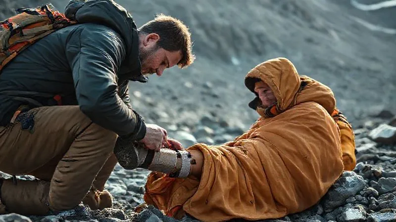 photorealistic, professional photography, 8K, cinematic lighting, sharp focus, depth of field, shot on a high-end DSLR, an expedition leader expertly applying a SAM splint to a client's leg in a remote, rocky mountain environment, the client is wrapped in an emergency blanket, both individuals are focused, soft diffused natural light, conveying competence and care. photorealistic, professional photography, 8K, cinematic lighting, sharp focus, depth of field, shot on a high-end DSLR, an expedition leader expertly applying a SAM splint to a client's leg in a remote, rocky mountain environment, the client is wrapped in an emergency blanket, both individuals are focused, soft diffused natural light, conveying competence and care.