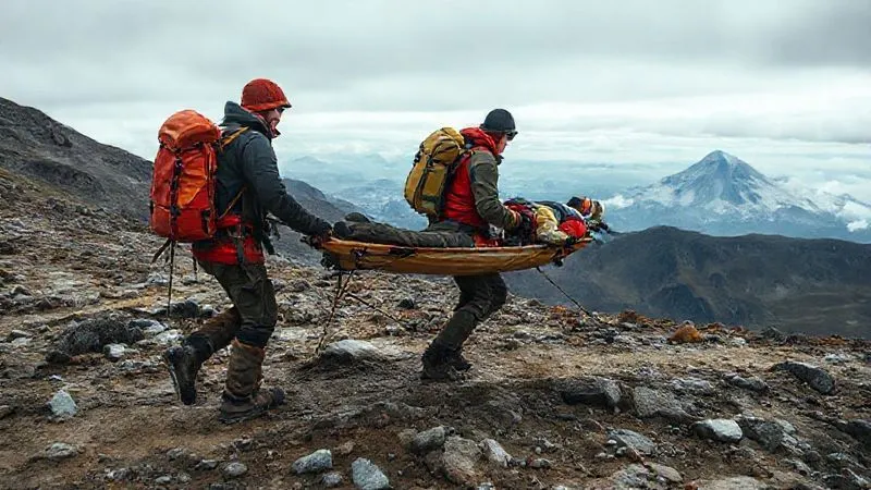 photorealistic, professional photography, 8K, cinematic lighting, sharp focus, depth of field, shot on a high-end DSLR, a team of three expedition leaders carefully carrying a client on a specialized wilderness stretcher across a challenging, uneven mountain trail, demonstrating teamwork and careful movement, rugged landscape with a distant peak, overcast but bright sky, conveying a determined and professional evacuation effort. photorealistic, professional photography, 8K, cinematic lighting, sharp focus, depth of field, shot on a high-end DSLR, a team of three expedition leaders carefully carrying a client on a specialized wilderness stretcher across a challenging, uneven mountain trail, demonstrating teamwork and careful movement, rugged landscape with a distant peak, overcast but bright sky, conveying a determined and professional evacuation effort.