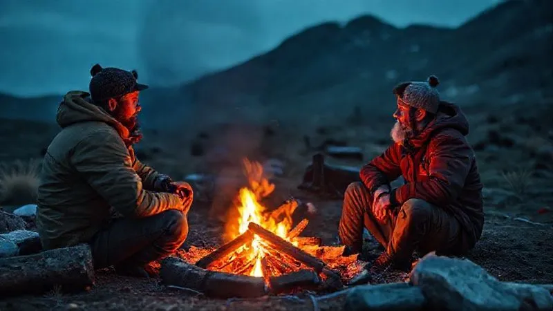 photorealistic, professional photography, 8K, cinematic lighting, sharp focus, depth of field, shot on a high-end DSLR, an expedition leader having a calm, empathetic conversation with a client sitting by a campfire in a remote setting after an incident, both looking reflective, warm glow of the fire, conveying emotional support and psychological first aid in the wilderness. photorealistic, professional photography, 8K, cinematic lighting, sharp focus, depth of field, shot on a high-end DSLR, an expedition leader having a calm, empathetic conversation with a client sitting by a campfire in a remote setting after an incident, both looking reflective, warm glow of the fire, conveying emotional support and psychological first aid in the wilderness.