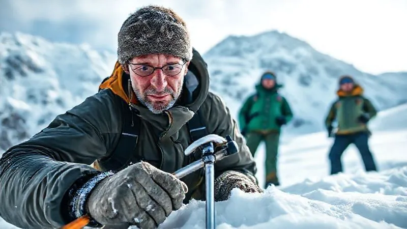 A photorealistic image from a low angle, showing a mountain guide carefully probing the snowpack with an avalanche probe, while two attentive clients watch from a safe distance in a pristine, snow-covered alpine environment. The guide's expression is focused and serious. Cinematic lighting, sharp focus on the guide and probe, depth of field blurring the background mountains, 8K hyper-detailed, professional photography, shot on a high-end DSLR. A photorealistic image from a low angle, showing a mountain guide carefully probing the snowpack with an avalanche probe, while two attentive clients watch from a safe distance in a pristine, snow-covered alpine environment. The guide's expression is focused and serious. Cinematic lighting, sharp focus on the guide and probe, depth of field blurring the background mountains, 8K hyper-detailed, professional photography, shot on a high-end DSLR.