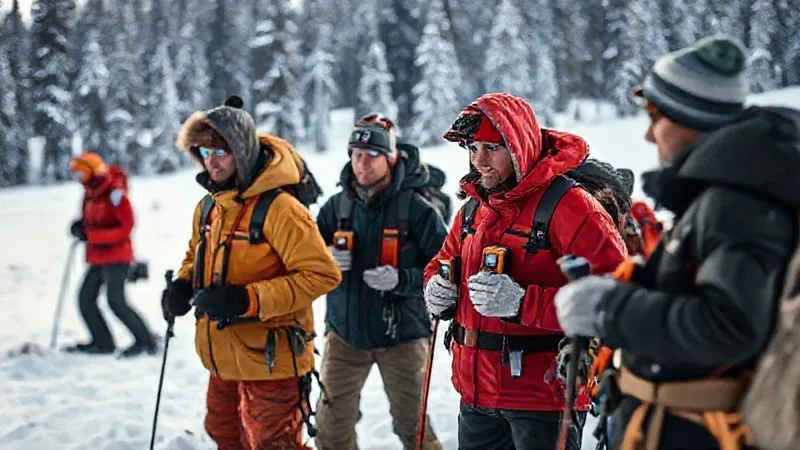 A photorealistic wide shot of a group of diverse individuals, including a mountain guide, participating in an avalanche beacon search drill in a snowy field. They are focused, with transceivers held out, practicing search patterns. Cinematic lighting, sharp focus on the group, depth of field blurring the distant trees, 8K hyper-detailed, professional photography, shot on a high-end DSLR. A photorealistic wide shot of a group of diverse individuals, including a mountain guide, participating in an avalanche beacon search drill in a snowy field. They are focused, with transceivers held out, practicing search patterns. Cinematic lighting, sharp focus on the group, depth of field blurring the distant trees, 8K hyper-detailed, professional photography, shot on a high-end DSLR.