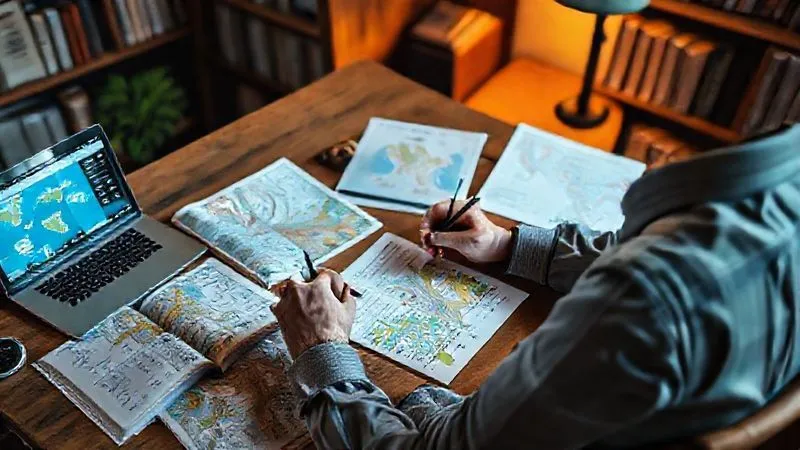 A meticulous traveler sits at a wooden desk in a dimly lit study, surrounded by open guidebooks, maps spread out, and a laptop displaying weather forecasts and news alerts. They are highlighting notes with a pen, a cup of tea beside them, looking focused and prepared. Photorealistic, professional photography, 8K, cinematic lighting, sharp focus on the traveler and their research materials, depth of field blurring the background, shot on a high-end DSLR. A meticulous traveler sits at a wooden desk in a dimly lit study, surrounded by open guidebooks, maps spread out, and a laptop displaying weather forecasts and news alerts. They are highlighting notes with a pen, a cup of tea beside them, looking focused and prepared. Photorealistic, professional photography, 8K, cinematic lighting, sharp focus on the traveler and their research materials, depth of field blurring the background, shot on a high-end DSLR.