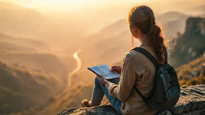 An experienced female traveler sits on a ancient stone wall overlooking a vast, misty valley, her back to the camera, a sense of calm and wonder about her. She's sketching in a small notebook, having found an unexpected moment of peace despite an earlier setback. The light is soft and golden, illuminating the natural beauty of the landscape. Photorealistic, professional photography, 8K, cinematic lighting, sharp focus on the traveler and her notebook, depth of field blurring the distant valley, shot on a high-end DSLR. An experienced female traveler sits on a ancient stone wall overlooking a vast, misty valley, her back to the camera, a sense of calm and wonder about her. She's sketching in a small notebook, having found an unexpected moment of peace despite an earlier setback. The light is soft and golden, illuminating the natural beauty of the landscape. Photorealistic, professional photography, 8K, cinematic lighting, sharp focus on the traveler and her notebook, depth of field blurring the distant valley, shot on a high-end DSLR.