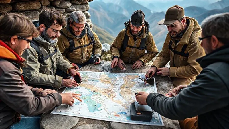 A diverse group of experienced travelers huddle around a rugged map spread on a stone table in a remote, rustic setting. They are pointing at different locations, some holding satellite phones, others jotting notes on tablets, all looking engaged and resourceful, collaborating to solve a travel challenge. Photorealistic, professional photography, 8K, cinematic lighting, sharp focus on the group and their tools, depth of field blurring the distant mountains, shot on a high-end DSLR. A diverse group of experienced travelers huddle around a rugged map spread on a stone table in a remote, rustic setting. They are pointing at different locations, some holding satellite phones, others jotting notes on tablets, all looking engaged and resourceful, collaborating to solve a travel challenge. Photorealistic, professional photography, 8K, cinematic lighting, sharp focus on the group and their tools, depth of field blurring the distant mountains, shot on a high-end DSLR.
