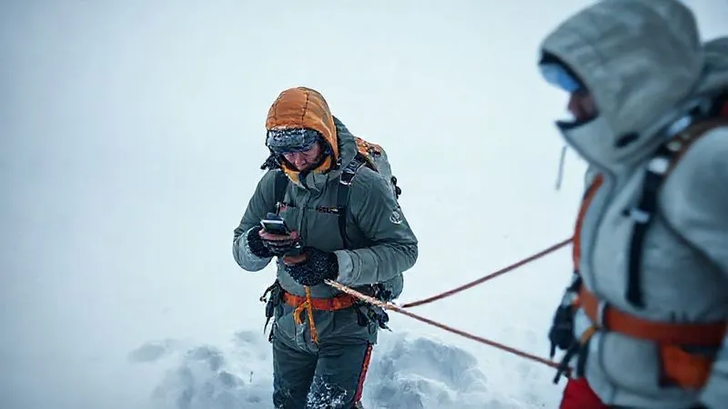 Photorealistic, professional photography, 8K, cinematic lighting, sharp focus, depth of field, shot on a high-end DSLR, showing a group of two trekkers in arctic gear, linked by a short rope, carefully navigating through a dense whiteout. One trekker is checking a GPS device, while the other maintains a vigilant watch. The scene conveys caution, teamwork, and reliance on technology in extreme conditions.
