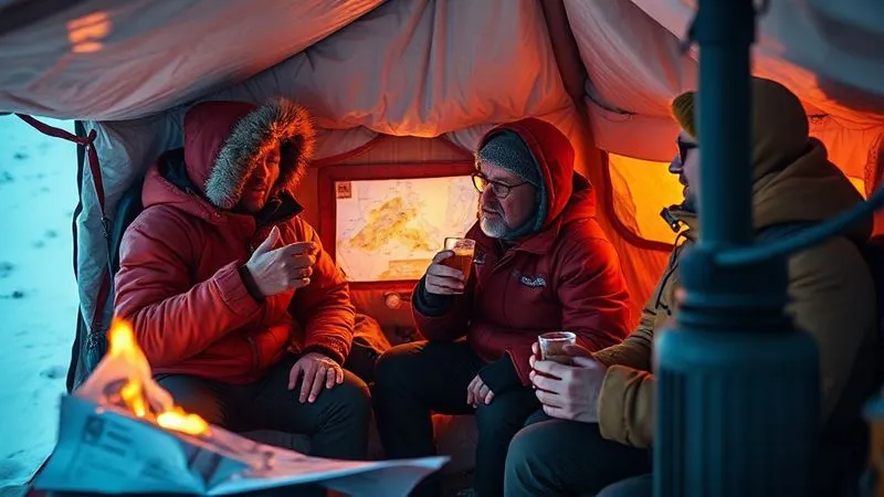 Photorealistic, professional photography, 8K, cinematic lighting, sharp focus, depth of field, shot on a high-end DSLR, depicting a group of trekkers, safe inside a warm, cozy emergency hut, debriefing after a whiteout. One person is gesturing towards a map, another is sipping a hot drink, and a third looks relieved but reflective. A warm glow from a stove illuminates the scene, contrasting with the harsh winter outside.
