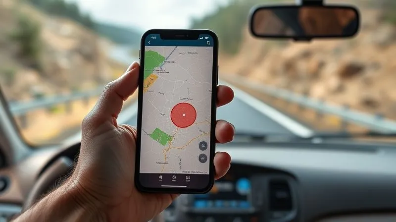 photorealistic, professional photography, 8K, cinematic lighting, sharp focus, depth of field, shot on a high-end DSLR, a hand holding a smartphone displaying a cellular network coverage map with green, yellow, and red zones, overlayed on a blurred background of a campervan dashboard and a winding road ahead, emphasizing planning and preparation.