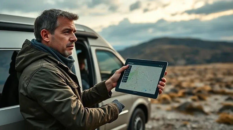 photorealistic, professional photography, 8K, cinematic lighting, sharp focus, depth of field, shot on a high-end DSLR, a person standing outside a campervan in a scenic, remote location, holding a tablet displaying a cell tower locator app, pointing towards a distant hill where a faint cell tower is visible, with a determined yet thoughtful expression, suggesting strategic planning.