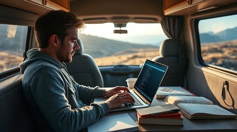 photorealistic, professional photography, 8K, cinematic lighting, sharp focus, depth of field, shot on a high-end DSLR, a person working diligently on a laptop inside a brightly lit campervan, surrounded by open notebooks and a thermos, with the laptop screen clearly showing a document or code editor, a serene landscape visible through the window, emphasizing focused offline work and productivity.