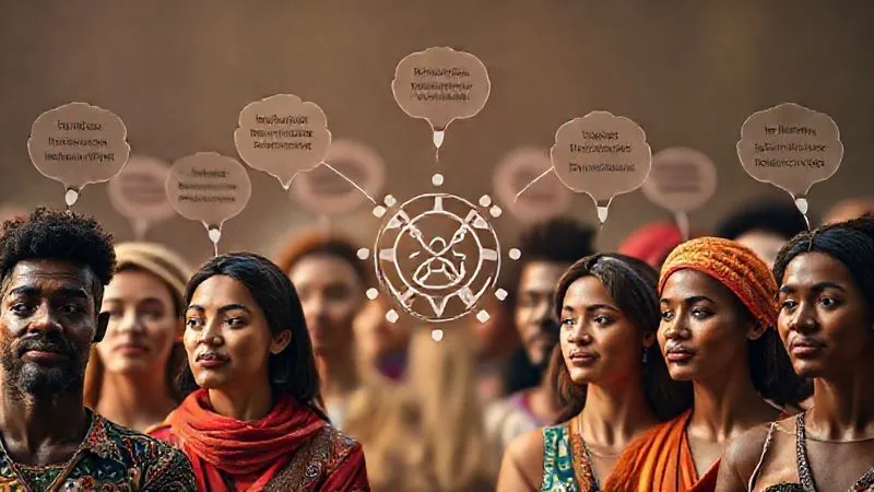 A photorealistic image of a diverse group of people from different global regions, each with thought bubbles above their heads showing unique cultural interests (e.g., traditional dance, ancient crafts, specific music genres), connected by subtle digital lines to a central festival icon, professional photography, 8K, cinematic lighting, sharp focus, depth of field.