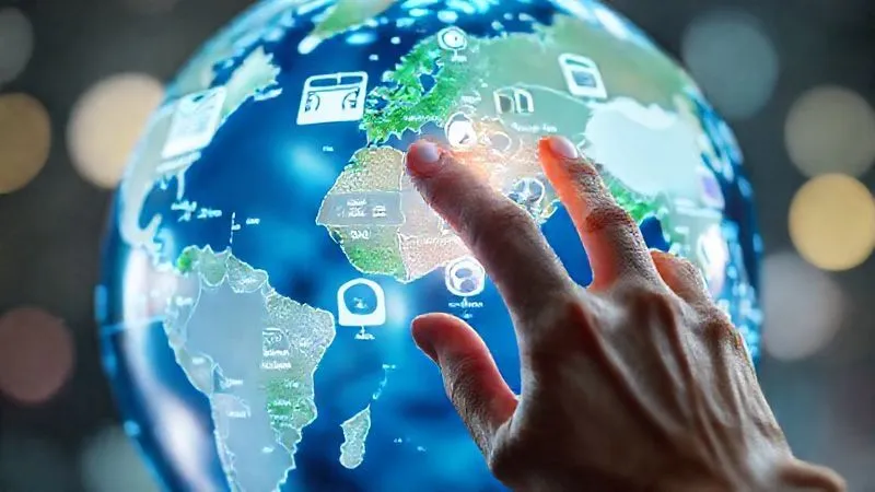 A photorealistic image of a globe with various digital interfaces (website, social media apps, payment icons) superimposed on different regions, showing localized content in different languages and scripts. A hand is gently interacting with a touchscreen, reflecting a seamless global digital experience. Professional photography, 8K, cinematic lighting, sharp focus, depth of field.