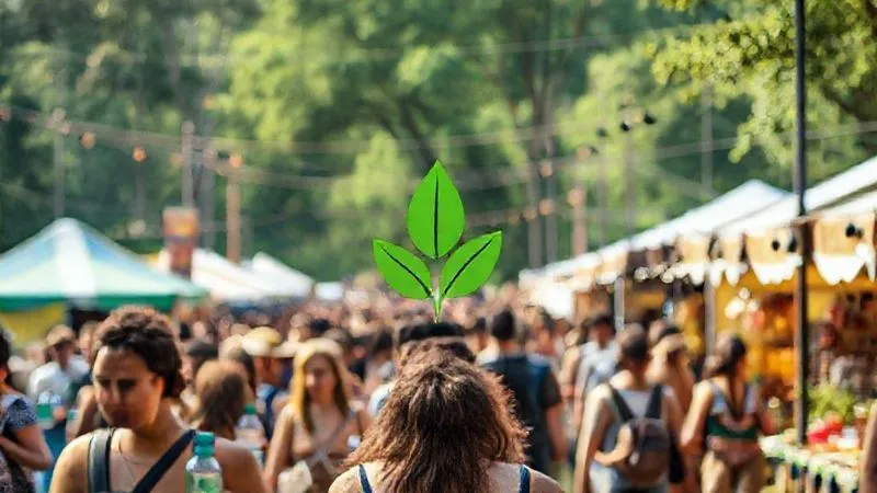 A photorealistic, professional photography, 8K, cinematic lighting, sharp focus, depth of field shot on a high-end DSLR of a vibrant cultural festival scene where sustainability is evident: attendees using reusable water bottles, solar panels subtly integrated into temporary structures, local artisans proudly selling handmade goods, and lush natural surroundings protected. A 'green leaf' icon is subtly integrated into the scene's composition, symbolizing eco-consciousness.