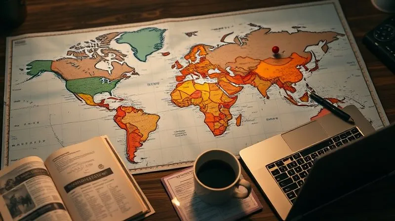 A detailed world map with pins and highlighted routes, surrounded by a laptop, travel guidebooks, and a cup of coffee, suggesting meticulous pre-trip research. Photorealistic, professional photography, 8K, cinematic lighting, sharp focus, depth of field. A detailed world map with pins and highlighted routes, surrounded by a laptop, travel guidebooks, and a cup of coffee, suggesting meticulous pre-trip research. Photorealistic, professional photography, 8K, cinematic lighting, sharp focus, depth of field.