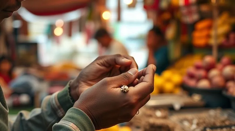 A close-up, photorealistic image of a local artisan's hands crafting a unique piece of jewelry in a bustling market stall, with blurred colorful local produce in the background. The scene exudes authenticity and cultural immersion. Professional photography, 8K, cinematic lighting, sharp focus, depth of field. A close-up, photorealistic image of a local artisan's hands crafting a unique piece of jewelry in a bustling market stall, with blurred colorful local produce in the background. The scene exudes authenticity and cultural immersion. Professional photography, 8K, cinematic lighting, sharp focus, depth of field.