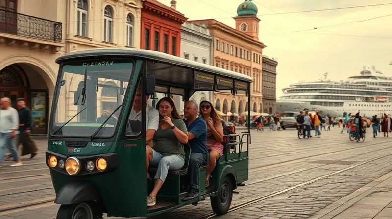 A photorealistic, dynamic shot of a sleek, eco-friendly local transport (e.g., a modern tram or electric tuk-tuk) moving through a picturesque historic town square, with a diverse group of happy travelers onboard. The cruise ship is subtly visible in the distant harbor. Professional photography, 8K, cinematic lighting, sharp focus, depth of field. A photorealistic, dynamic shot of a sleek, eco-friendly local transport (e.g., a modern tram or electric tuk-tuk) moving through a picturesque historic town square, with a diverse group of happy travelers onboard. The cruise ship is subtly visible in the distant harbor. Professional photography, 8K, cinematic lighting, sharp focus, depth of field.