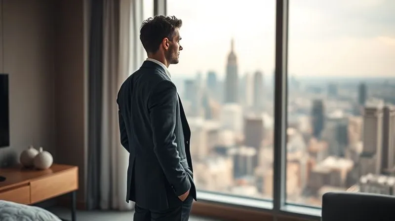 A photorealistic professional photography, 8K image showing a well-dressed executive standing in a beautifully designed, minimalist hotel suite, looking out a large window at a serene city skyline. Cinematic lighting, sharp focus on the executive's contemplative profile, depth of field blurring the city. Shot on a high-end DSLR, conveying peace and anticipation.