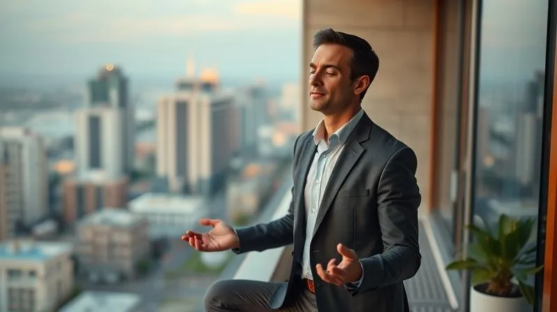 A photorealistic professional photography, 8K image of an executive, looking calm and centered, practicing gentle yoga or meditation on a quiet hotel balcony overlooking a soft morning cityscape. Cinematic lighting, soft focus on the executive, depth of field blurring the city. Shot on a high-end DSLR, conveying peace and inner balance.