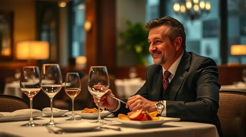 A photorealistic professional photography, 8K image of an executive enjoying a quiet, gourmet meal alone at a beautifully set table in a charming, softly lit restaurant. Cinematic lighting, sharp focus on the executive's contented face and the artfully presented food, depth of field blurring the restaurant background. Shot on a high-end DSLR, conveying peaceful indulgence.