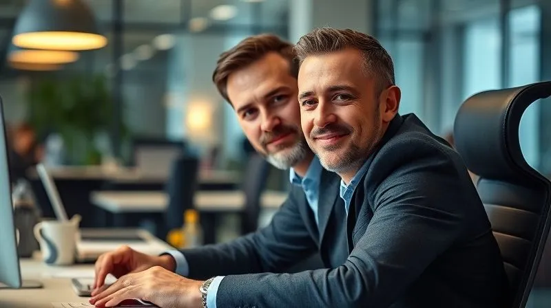 A photorealistic professional photography, 8K image of an executive, looking refreshed and focused, back at his desk in a modern office, but with a vibrant, small souvenir (like a miniature landmark) on his desk. Cinematic lighting, sharp focus on the executive's calm and determined expression, depth of field blurring the background office activity. Shot on a high-end DSLR, conveying sustained rejuvenation and renewed purpose.