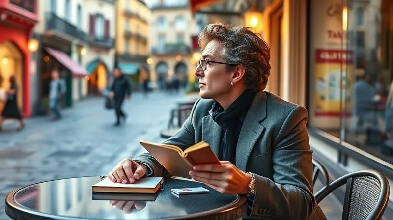 Photorealistic, professional photography, 8K, cinematic lighting, sharp focus, depth of field, shot on a high-end DSLR. A thoughtful professional traveler, wearing smart casual attire, sits at a quaint cafe table in a European city, looking out at a charming street scene. They are holding a small, elegant notebook, not for work, but for jotting down observations or sketching. The atmosphere is calm and contemplative, emphasizing mindful presence over hurried sightseeing. Photorealistic, professional photography, 8K, cinematic lighting, sharp focus, depth of field, shot on a high-end DSLR. A thoughtful professional traveler, wearing smart casual attire, sits at a quaint cafe table in a European city, looking out at a charming street scene. They are holding a small, elegant notebook, not for work, but for jotting down observations or sketching. The atmosphere is calm and contemplative, emphasizing mindful presence over hurried sightseeing.